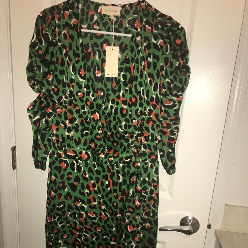 Melloday Green Black Orange White Animal Print Midi Dress